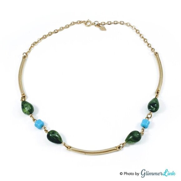Vintage 1970s SARAH COV Green and Blue Beaded Gold Tone Chain Choker Necklace - Picture 1 of 9